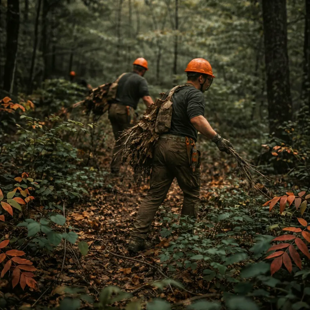 Tree workers moving through heavy brush